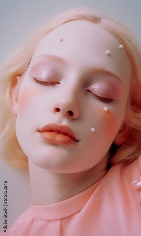 A feminine mannequin with beauty on her white lip and cheeks; girly and natural with a touch of daisy-like freshness and skin deep elegance
