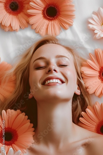 A gorgeous woman lies atop a bed, surrounded by beautiful daisies and gerberas in various stages of bloom her radiant smile perfectly conveys her innate femininity and the natural aliveness
