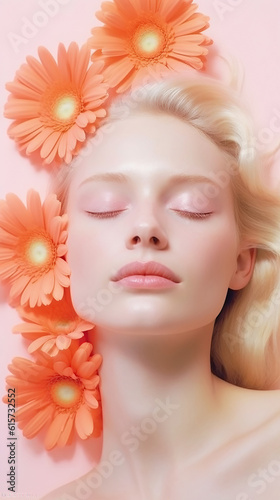 Portrait of a woman with rose petals framing her face wearing lipstick and a headpiece, she exudes natural beauty and fashion