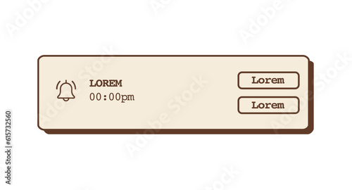Social media pop up notification banner in retro colors. Mobile app popup reminder message with buttons and alert icon. Nostalgic vintage interface. Vector flat style illustration.