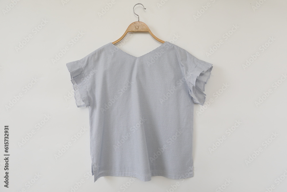  Blouse with summer blouse cotton on white background.plaid cotton fabric.
