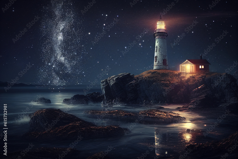 lighthouse night landscape sea stars. AI Generated