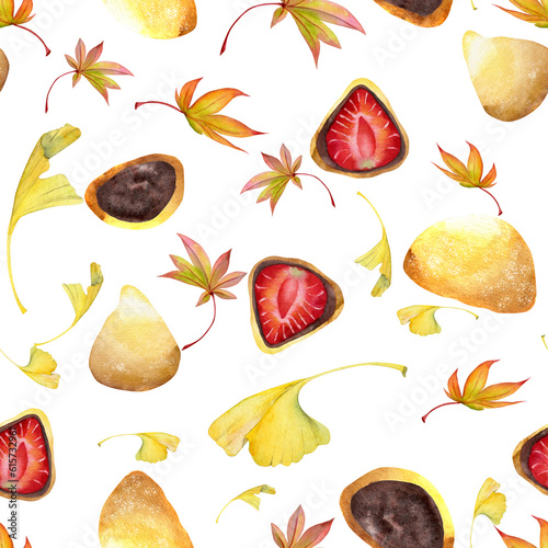 Fototapeta Naklejka Na Ścianę i Meble -  Watercolor seamless pattern with hand drawn traditional Japanese sweets. Wagashi, mochi, autumn maple leaves. Isolated on white background. Invitations, restaurant menu, greeting cards, print, textile