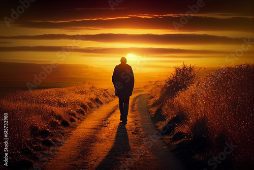 A lonely man walks along the road. The passer-by goes and the sunset. AI Generated photo