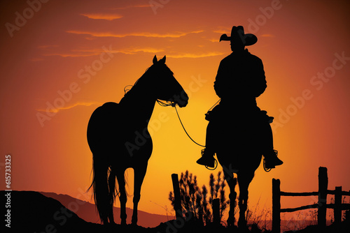 Cowboy on horse and sunset silhouette. AI Generated