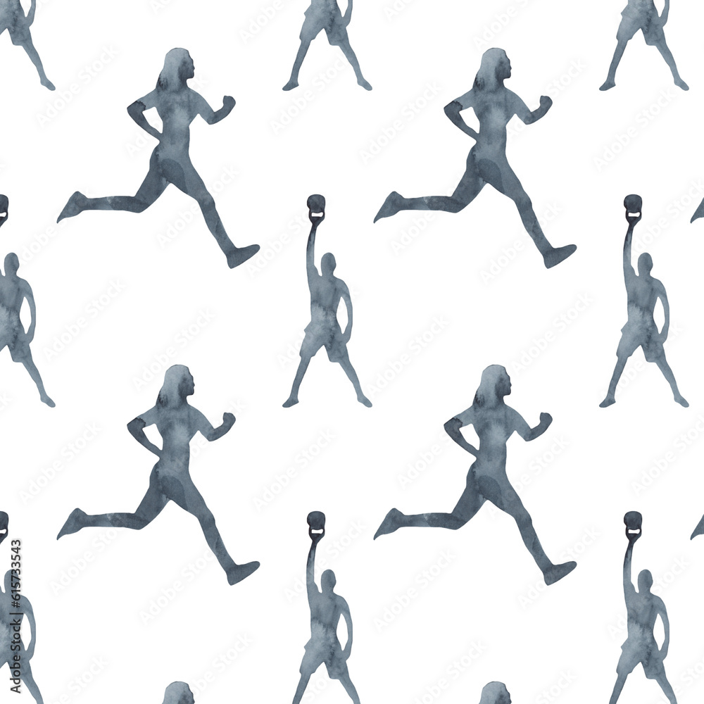 Sports at sunrise pattern.Running.Gymnastics.Morning gym.Watercolor silhouette sport isolated on white background. Sports at sunrise pattern.Running.Gymnastics.Morning gym.Watercolor silhouette sport isolated on white background.