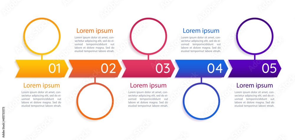 Business infographic chart design template. Professional management. Abstract infochart with copy space. Instructional graphics with 5 step sequence. Quicksand Medium, Myriad Regular fonts used Business infographic chart design template. Professional management. Abstract infochart with copy space. Instructional graphics with 5 step sequence. Quicksand Medium, Myriad Regular fonts used