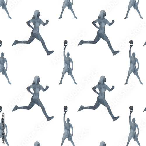 Sports at sunrise pattern.Running.Gymnastics.Morning gym.Watercolor silhouette sport isolated on white background.