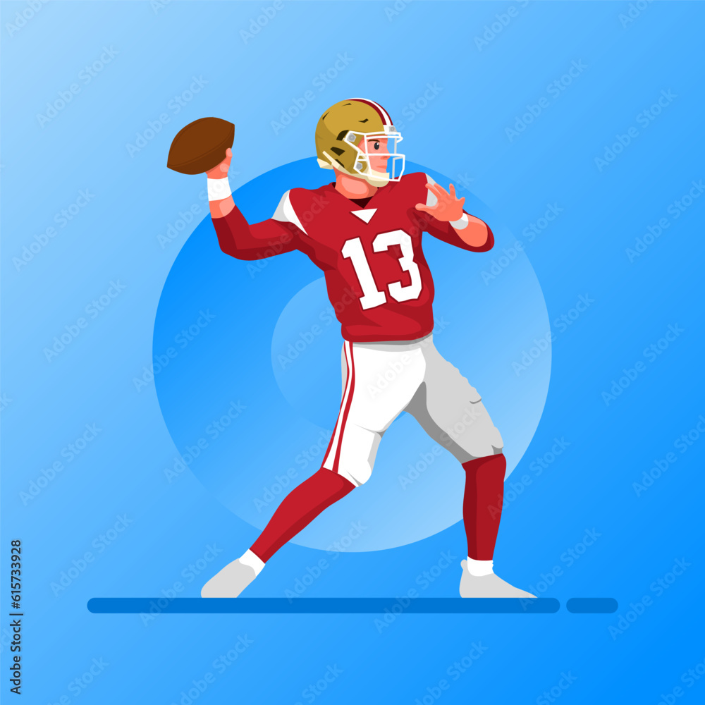 American football character flat design. Vector illustration. Cartoon male character isolated on gradations background. 