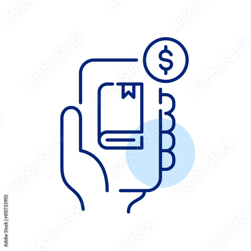 Hand holding a smartphone with ebook app. Digital library subscription. Pay as you go membership. Pixel perfect, editable stroke icon