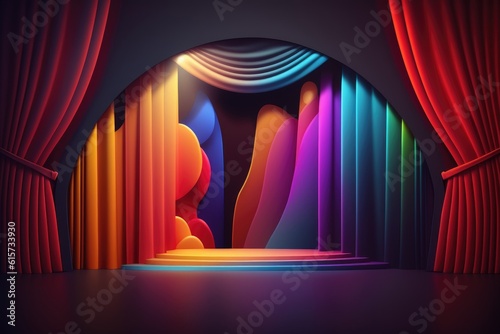 Colourful podium with lighting. Stand wall scene colourful podium background, geometric shape for product display presentation. Minimal scene for mockup products, stage showcase, promotion display.