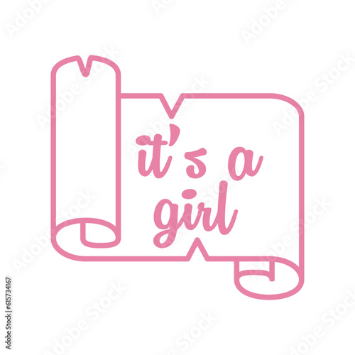Anuncio de llegada de bebé niña. Letras mensaje it's a girl en texto manuscrito en rollo de pergamino color rosa para su uso en invitaciones y tarjetas