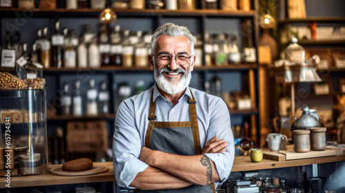 Handsome barista posing in his café 