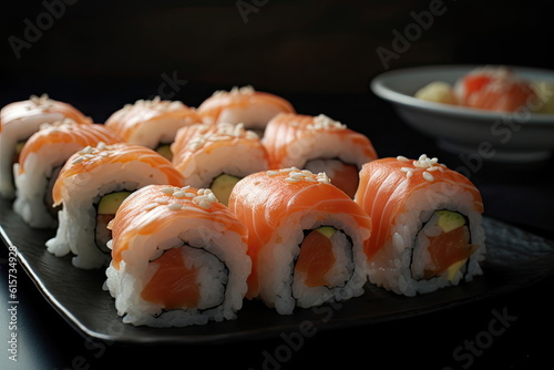 Salmon sushi on wood table
