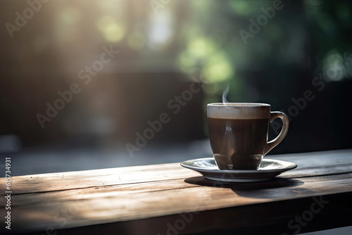 Hot coffee cup on table, camping time