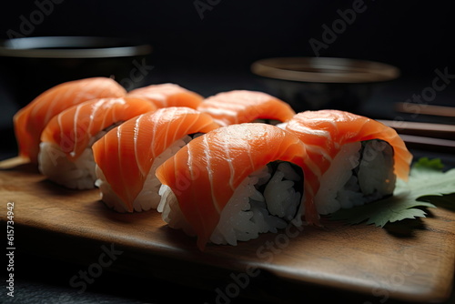 Salmon sushi on wood table