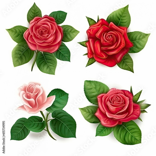 Set of rose with leaves on white background