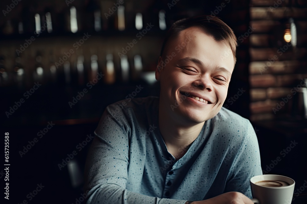 Boy with Down syndrome working on a cafeteria. AI generative Boy with Down syndrome working on a cafeteria. AI generative