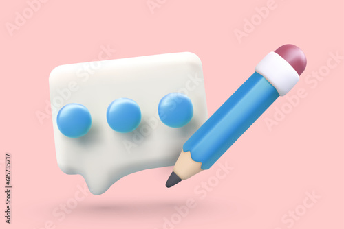 Realistic comment icon, pencil on pink background. Feedback bubble. Vector illustration, symbol of correspondence, messengers. Different forms of communication. Time to talk. Write me