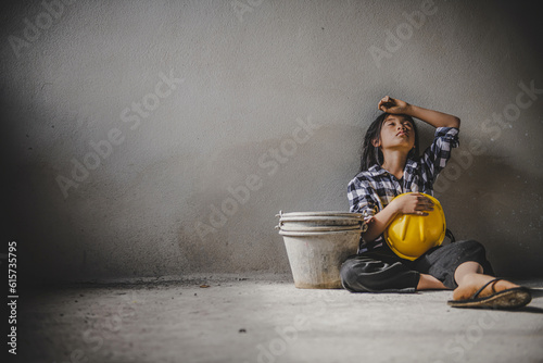 Children are forced to work in construction areas. Human rights concepts, December 10 Stop child abuse, violence, fear of child labor and human trafficking.