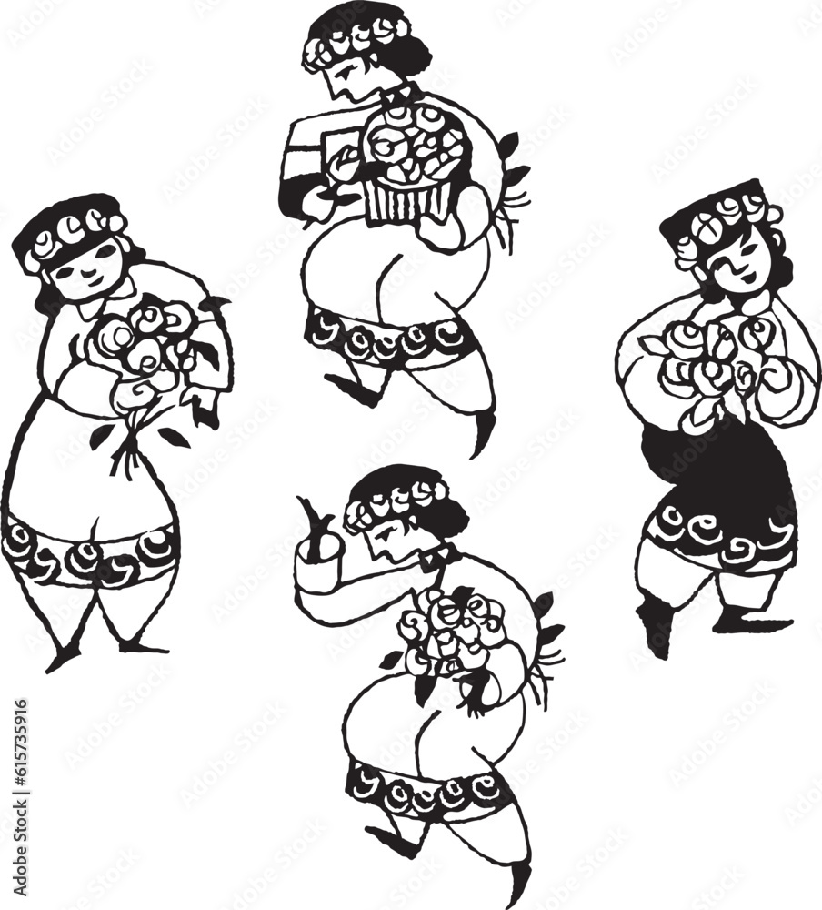 An ethnic girl is dancing at a flower festival. Hand drawn monochrome vector illustration. Can be used as a festival symbol for ethnic culture posters An ethnic girl is dancing at a flower festival. Hand drawn monochrome vector illustration. Can be used as a festival symbol for ethnic culture posters