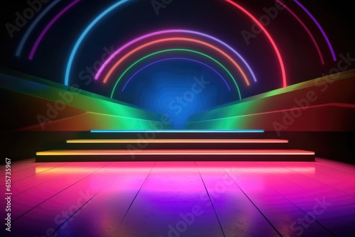 Colourful podium with lighting. Stand wall scene colourful podium background  geometric shape for product display presentation. Minimal scene for mockup products  stage showcase  promotion display.