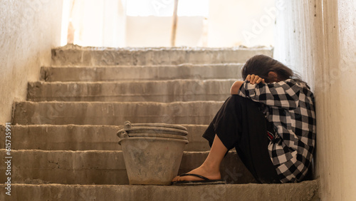 Children are forced to work in the construction area. Human rights concepts, stopping child abuse, violence, fear of child labor and human trafficking