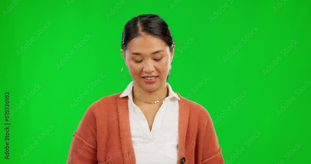 Report card, face and woman on green screen presentation for fail, mistake or confused for education feedback. School, university student or person show bad results or problem on a studio background Report card, face and woman on green screen presentation for fail, mistake or confused for education feedback. School, university student or person show bad results or problem on a studio background