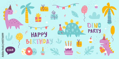 Dino birthday party set. Cute doodle dinosaurs celebration collection. Vector bundle with festive dino and decoration.