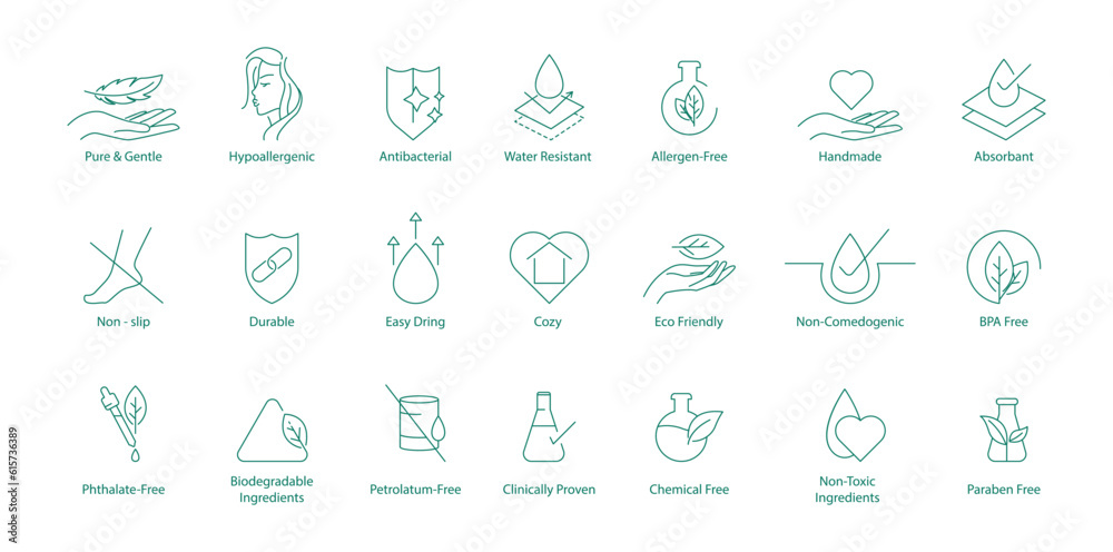 Vector Icons Set: Non-Toxic, Hypoallergenic, Antibacterial, Water-Resistant, Allergen-Free