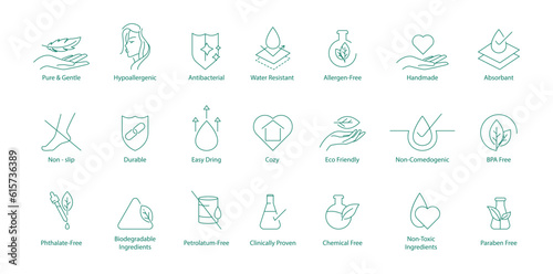 Vector Icons Set: Non-Toxic, Hypoallergenic, Antibacterial, Water-Resistant, Allergen-Free