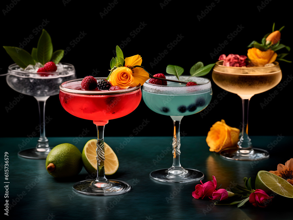 Stunning colorful super ice cold summer cocktails with lots of fresh fruits and beautiful decoration Stunning colorful super ice cold summer cocktails with lots of fresh fruits and beautiful decoration