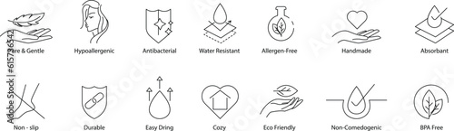 Non-toxic, hypoallergenic, antibacterial, water-resistant, allergen-free, phthalate-free, absorbent, BPA-free, gentle cleansing, quick drying, cozy, clinically tested, non-comedogenic, BPA-free icons