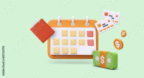 3D calendar, credit cards, coins, banknotes, paper bag. Cost planning, management. Personal, family budget. List of necessary purchases. Learning to control finances