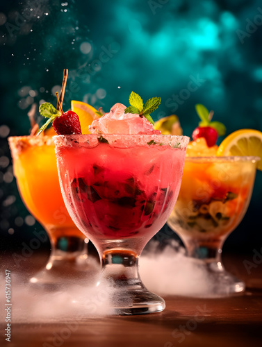 Professional close up photo of juicy delicious summer tropical cocktail with splashes, drops, beautiful fruits and berries decoration on a saturated colorful background