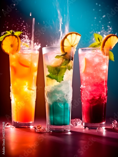 Professional close up photo of juicy delicious summer tropical cocktail with splashes, drops, beautiful fruits and berries decoration on a saturated colorful background