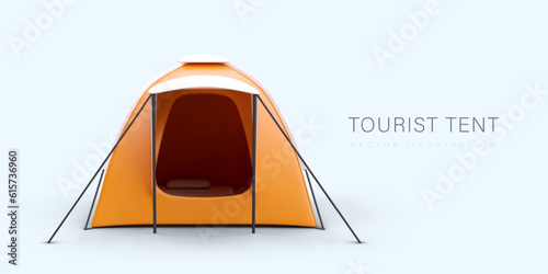 Realistic camping tent with open entrance. Travel portable shelter for outdoor activities. Cheap automatic tent made of waterproof fabric. Banner with text