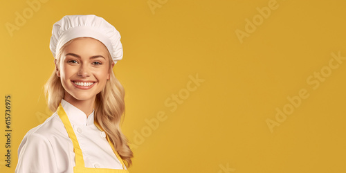  Portrait of a smiling blond female chef isolated on solid yellow background. Banner, copy space 