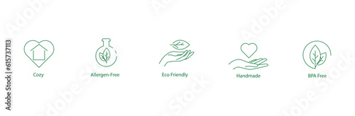cozy, allergen free, eco friendly, handmade, bpa free icon vector illustration 