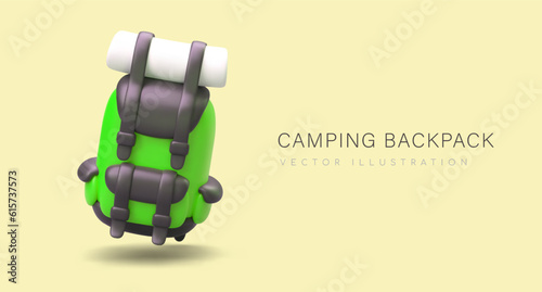 Isometric backpack for camping, hiking. Tourist green sports bag with pockets. Modern rucksack with sleeping mat. Advertising banner on yellow background
