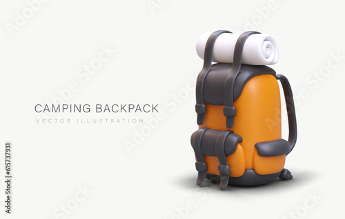 3D backpack for camping. Orange travel bag with straps. Hiking with overnight stay outside. Comfortable carrier with twisted mat. Vector concept for travel sites, pages, applications