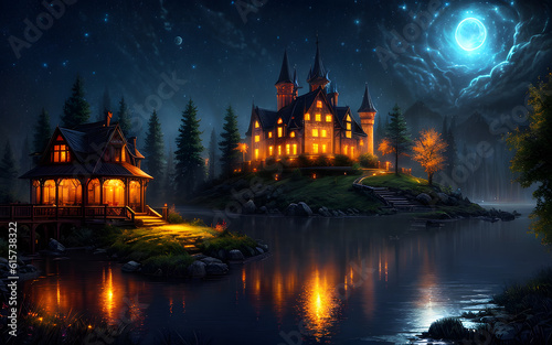 Shining blue moonlight over scenic magical fantasy environment