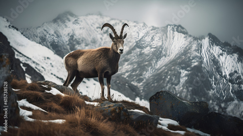 Alpine Majesty of Ibex in Winter. Generative AI © PIRMYN