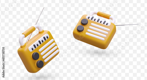 Radio receiver with long antenna for camping. 3D yellow portable radio for tourist entertainment. Connection with world. Wireless classic equipment for listening news and music