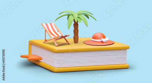 Resting with book. Deckchair, palm tree, sun hat on giant tome. Interesting relax stories. Favorite author. Pleasant leisure. 3D illustration on blue background