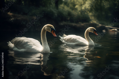 Mute Swans Embracing Romance in Freshwater. Generative AI