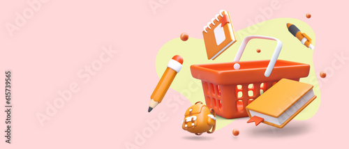Fair of school stationery. 3D shopping cart with student supplies. Book, pen, pencil, backpack, notebook. Advertising poster in red tones. Place for promotional announcement, dates
