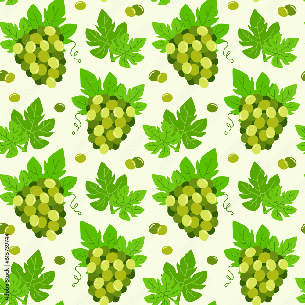 Seamless pattern with bunches of green grapes. Vector illustration with fruit. Summer background with berries of grapes and leaves.