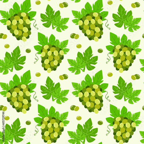 Seamless pattern with bunches of green grapes. Vector illustration with fruit. Summer background with berries of grapes and leaves.