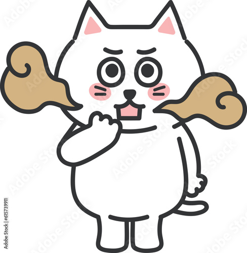 White cartoon cat worries about bad breath, vector illustration.